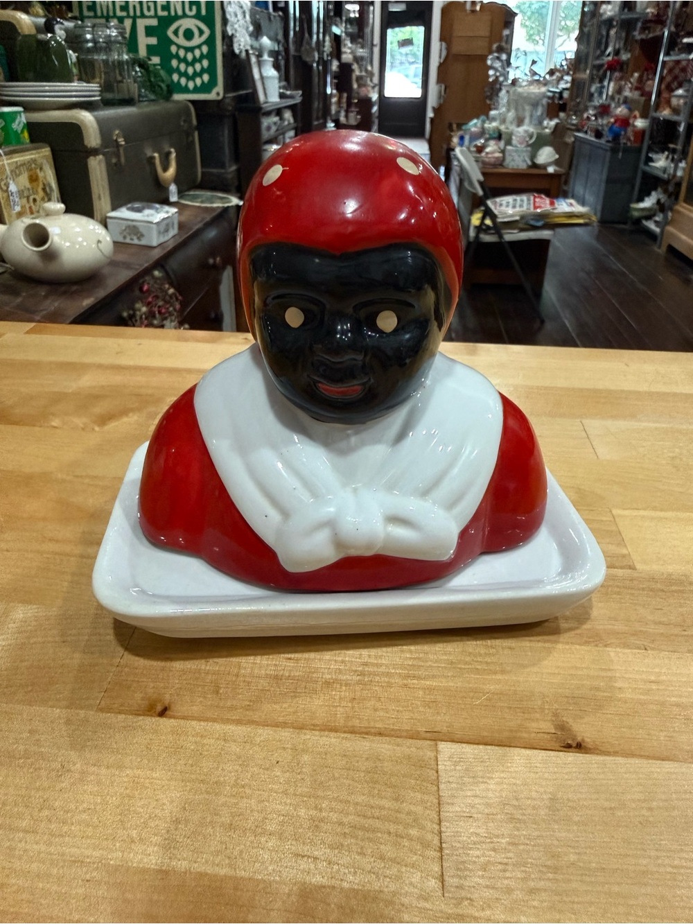 Vintage Red Dress and White Apron Ceramic Figural Butter Dish